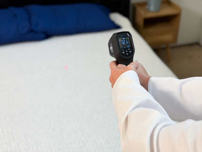 A tester aims a temperature gun at the Tuft and Needle Original mattress